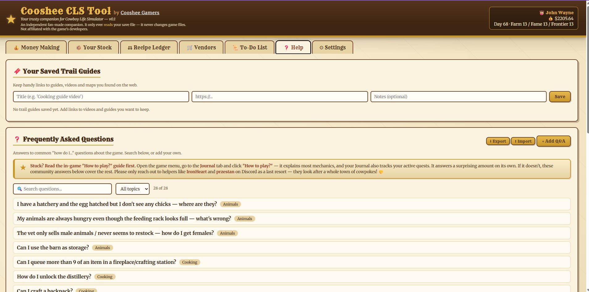 Cooshee CLS Tool: Help tab with community FAQs and links